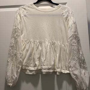 Free People Detailed White Long Sleeve Crop Top